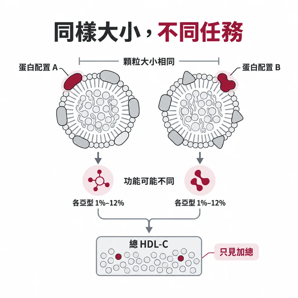 兩顆一樣大的 HDL 顆粒，表面載著不同的蛋白質；每一種蛋白定義的亞型只占總 HDL 的 1% 到 12%，總 HDL-C 只看得到加總