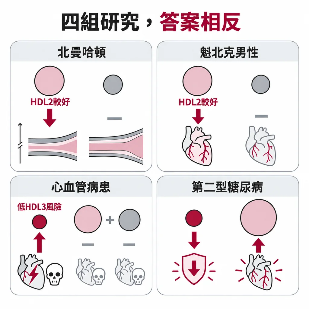 四組研究四種答案：一般族群的 Northern Manhattan 與 Québec 指向 HDL2 較好，已有心血管疾病的 TRIUMPH 與 IHCS 指向低 HDL3-C 風險較高，第二型糖尿病分析發現小 HDL 保護、非常大 HDL 風險較高