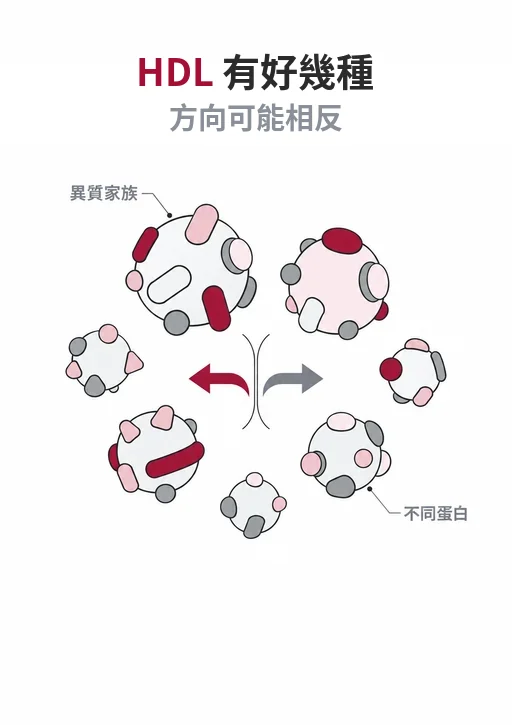 由大到小排列的 HDL 顆粒線稿，說明 HDL 不是單一種顆粒，不同亞型與心血管風險的關聯方向可能相反
