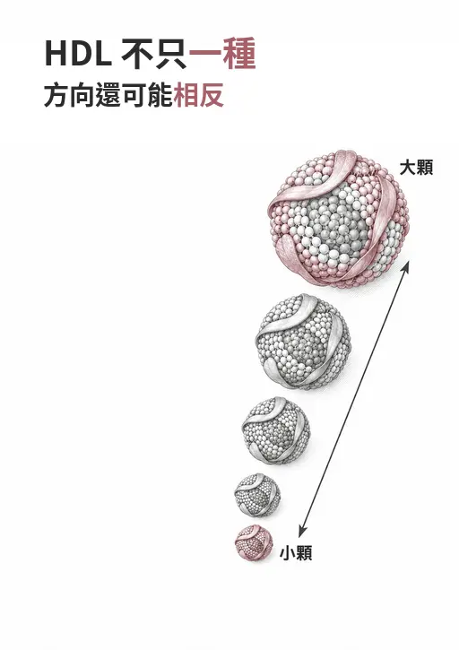 由大到小排列的 HDL 顆粒線稿，說明 HDL 不是單一種顆粒，不同亞型與心血管風險的關聯方向可能相反