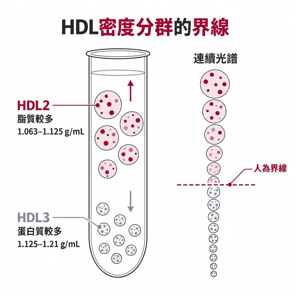 超高速離心管中 HDL2（較輕、脂質多、密度約 1.063–1.125 g/mL）浮在上層，HDL3（較重、蛋白質多、約 1.125–1.21 g/mL）沉在下層；旁邊一條由淺到深的連續光譜，中間的切分線以虛線標示為人為界線