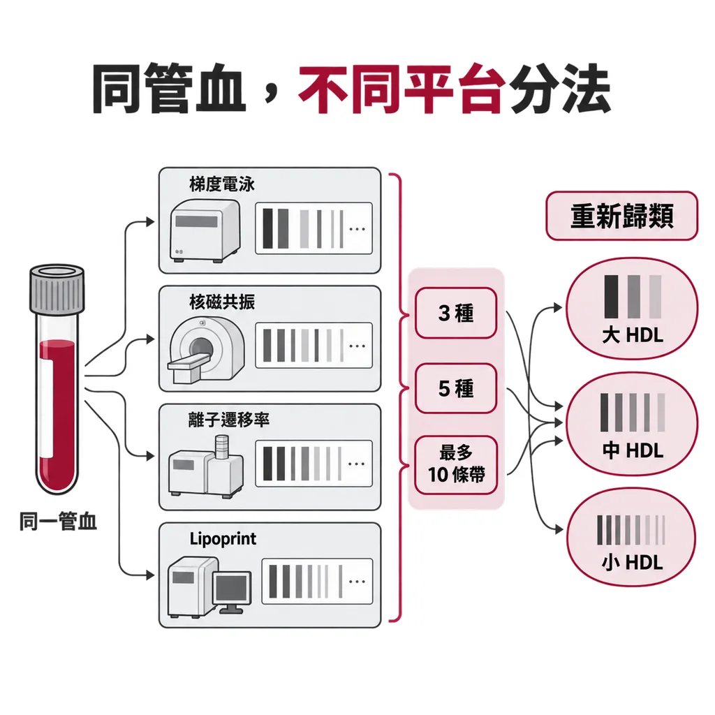 同一管血送進四種平台（梯度電泳、核磁共振、離子遷移率、Lipoprint），分別分出 3、5、最多 10 條帶，最後都被重新歸成大、中、小三堆