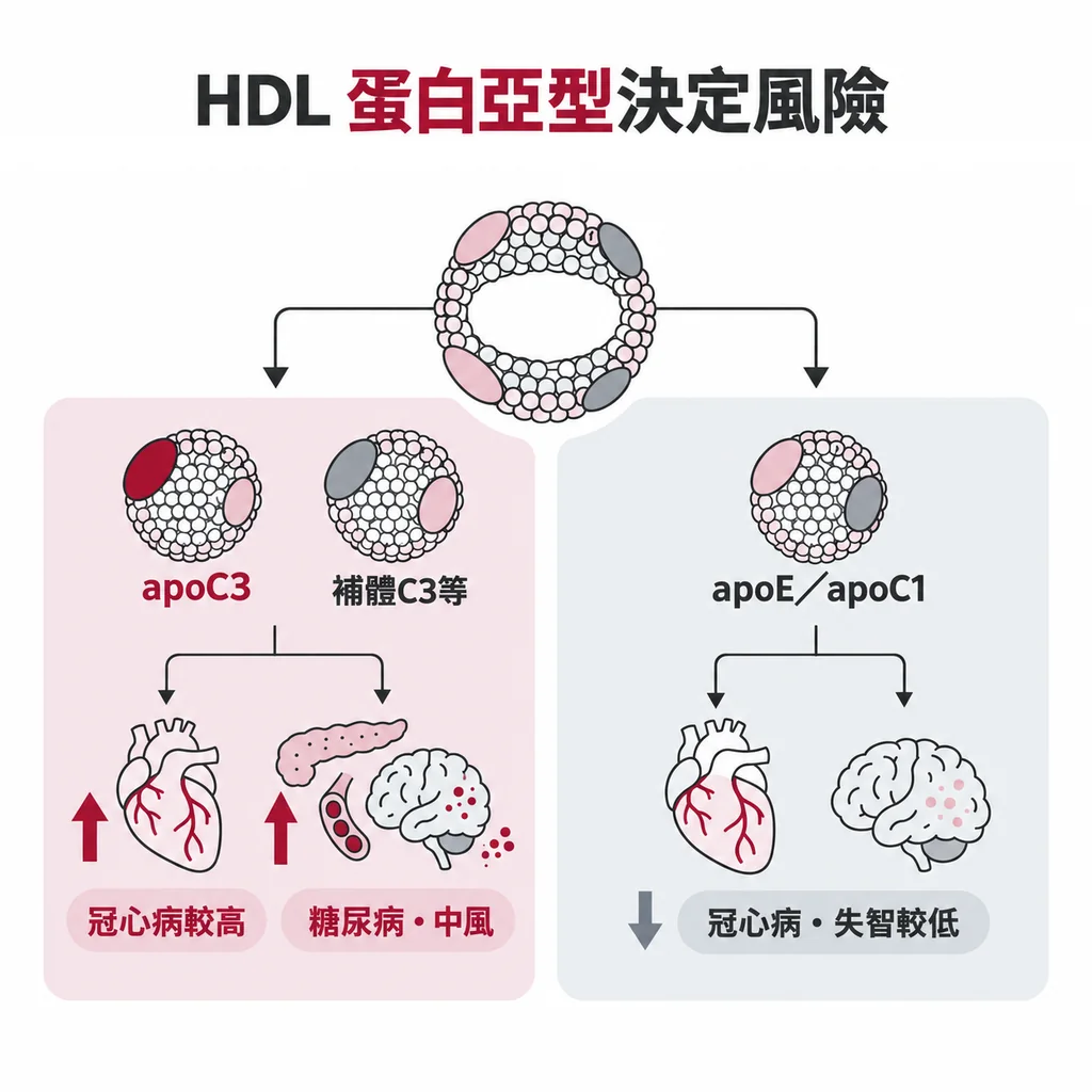 蛋白定義的 HDL 亞型分兩邊：帶 apoC3（以及補體 C3、α2-巨球蛋白、纖溶酶原、結合珠蛋白）的與較高冠心病風險有關，apoC3 另連到糖尿病、缺血性中風、失智；帶 apoE 或 apoC1 的與較低冠心病與失智風險有關