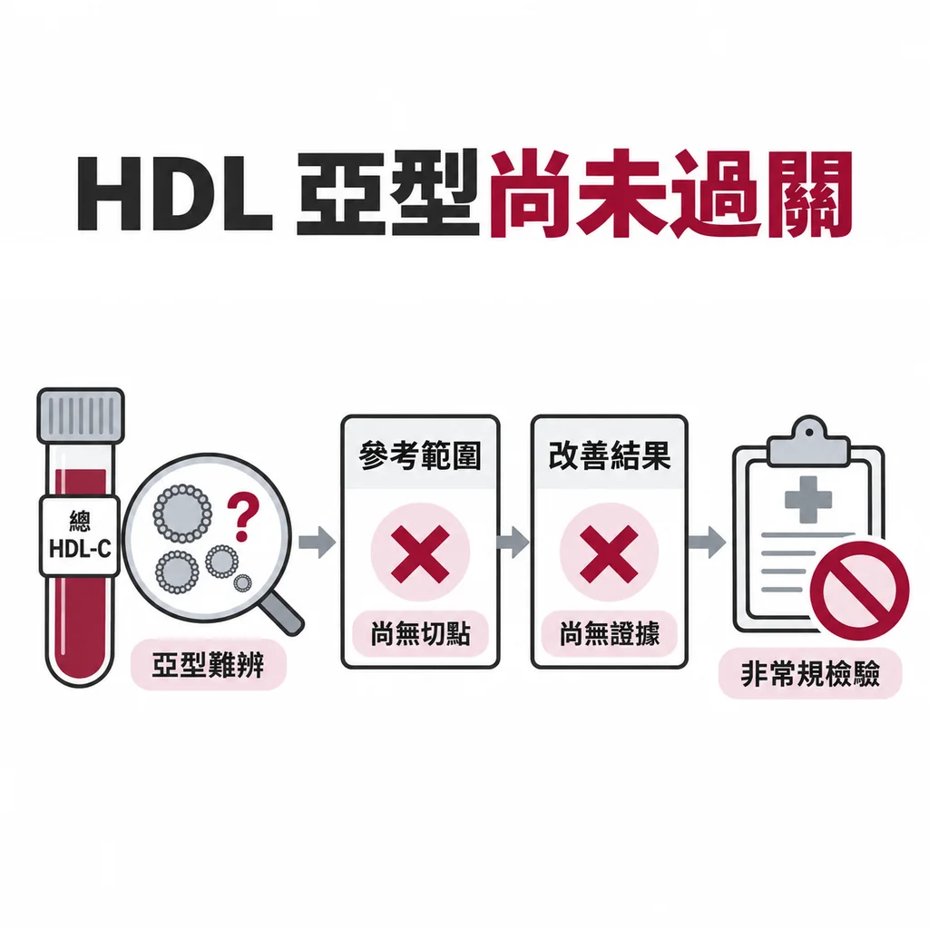 一項檢驗進入常規使用要過兩關：穩定的參考範圍、照著它決定能改善結果；HDL 亞型兩關都還沒過，總 HDL-C 看不出亞型差異