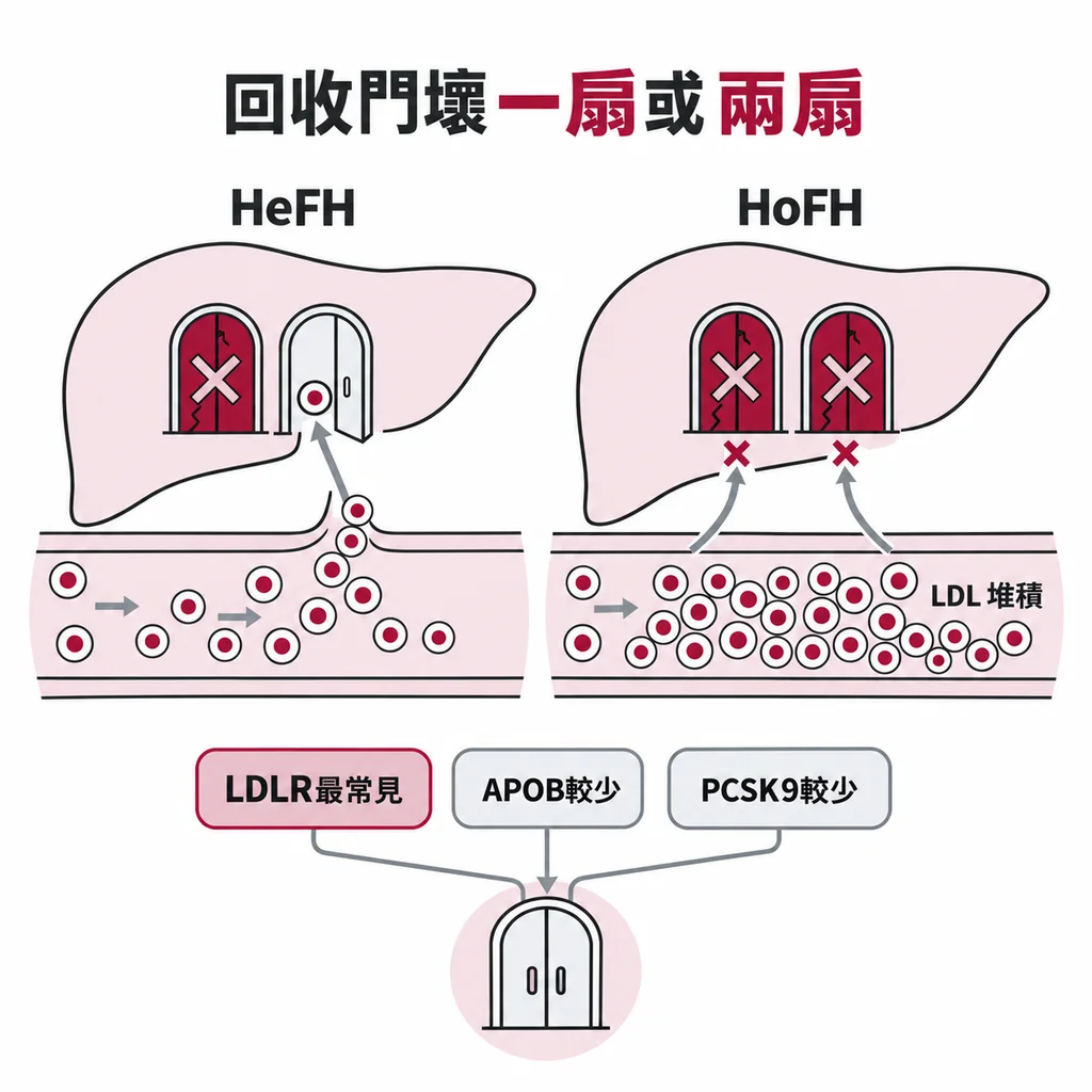 肝臟回收壞膽固醇的 LDL 受體像店門：HeFH 壞一扇、另一扇還開著；HoFH 兩扇都壞，壞膽固醇擠在血液裡；LDLR 最常見，APOB、PCSK9 較少見