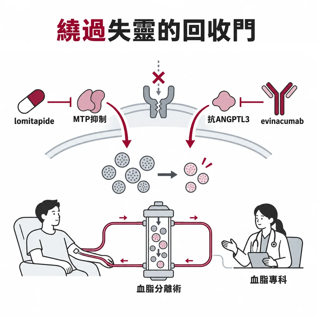 HoFH 在 statin、ezetimibe、PCSK9 單株抗體之外，常需要不靠回收門的 lomitapide（MTP 抑制）與 evinacumab（對付 ANGPTL3 的抗體），以及血脂分離術與血脂專科照顧
