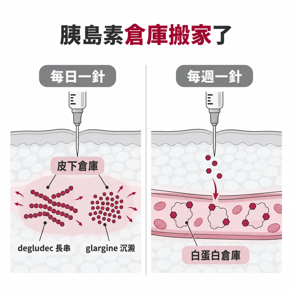 每天一針的長效胰島素把倉庫蓋在皮下打針處，icodec 的倉庫卻在血液的白蛋白上，差別在藥被放在哪裡。