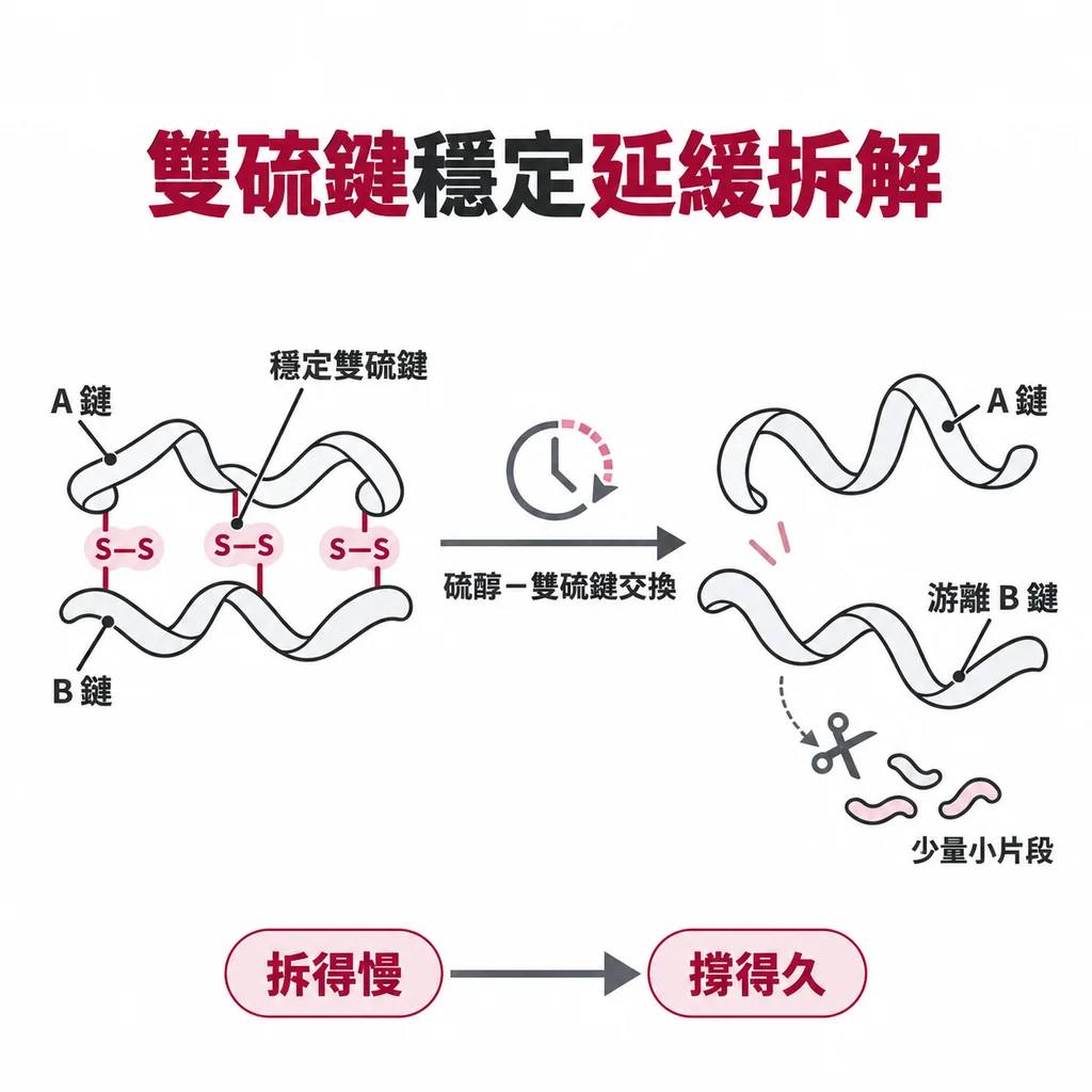 icodec 主要靠硫醇－雙硫鍵交換讓 A 鏈與 B 鏈分家，而不是被酵素剪碎；換掉的胺基酸讓雙硫鍵更穩、拆得更慢。