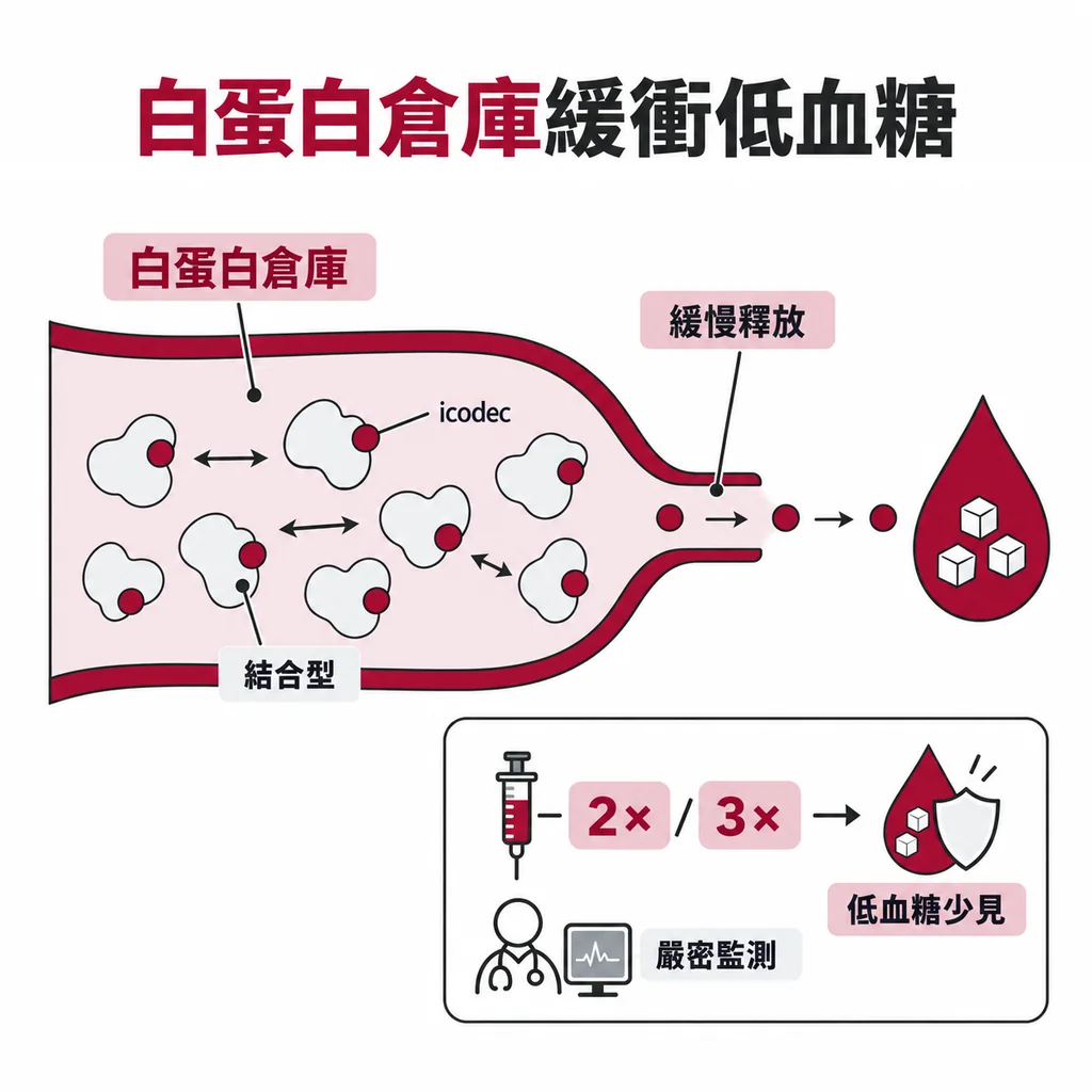 隨機交叉試驗中受試者打到兩倍、三倍週劑量，icodec 仍很少引發具臨床意義的低血糖，白蛋白倉庫緩和了衝擊。