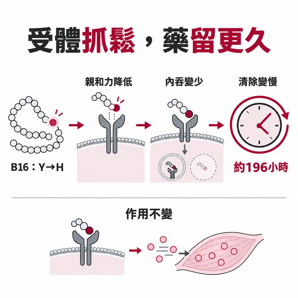 B 鏈第 16 個位置的酪胺酸換成組胺酸，受體抓得比較鬆，藥被清除得慢，半衰期拉長到大約 196 小時。