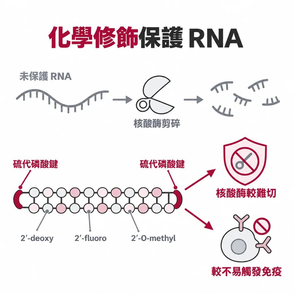 沒有保護的 RNA 很快被核酸酶剪碎；inclisiran 的核苷酸經三種化學修飾、兩端換上硫代磷酸鍵，比較耐切，也比較不會觸發免疫