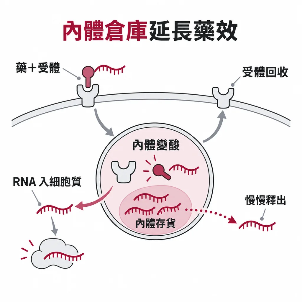 藥和受體一起被吞進內體，內體變酸後鑰匙脫落、鎖回到細胞表面，部分 RNA 進入細胞質工作，其餘存在內體倉庫慢慢釋出