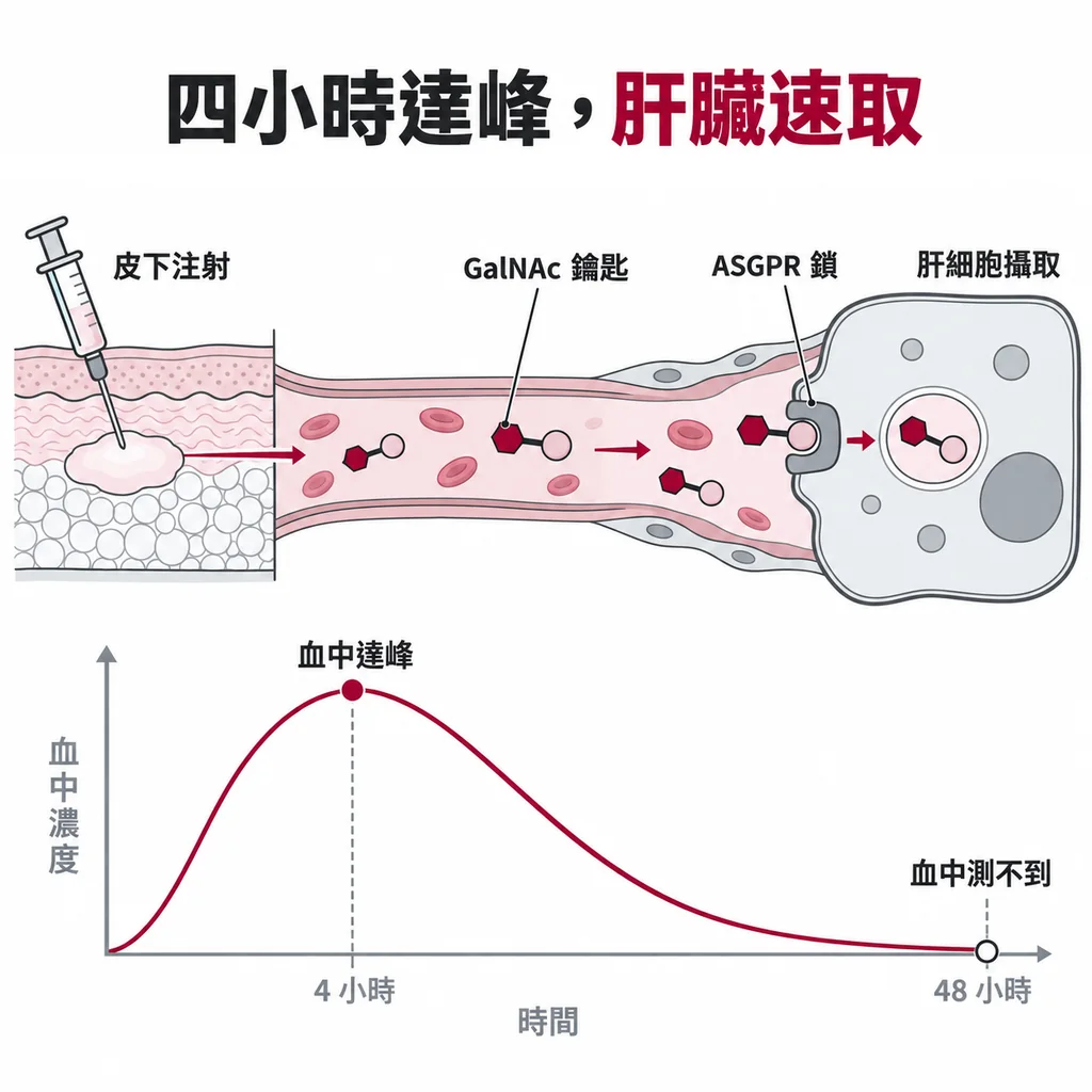 皮下注射後約 4 小時血中濃度到頂，GalNAc 像鑰匙配上肝細胞 ASGPR 這把鎖，藥很快被肝臟收走，48 小時後血中已測不到