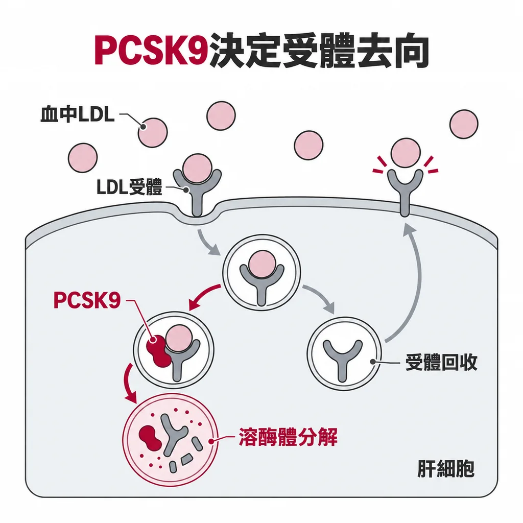 PCSK9 黏住 LDL 受體，會讓它被送進溶酶體拆掉；PCSK9 變少，受體就能回到肝細胞表面，繼續把 LDL 收回來