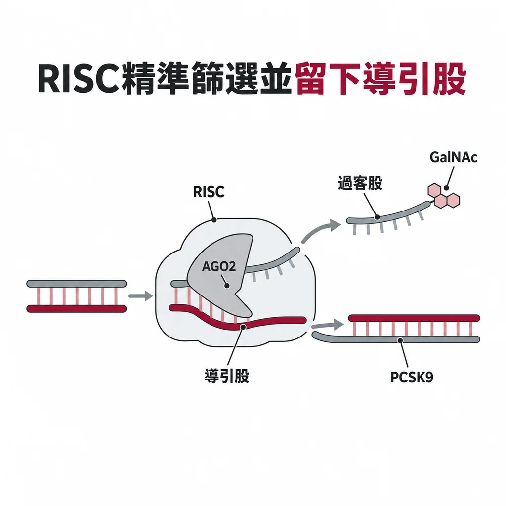 Argonaute 2 在 RISC 裡把雙股 RNA 拆開，丟掉掛著 GalNAc 的過客股，留下能和 PCSK9 mRNA 互補的導引股