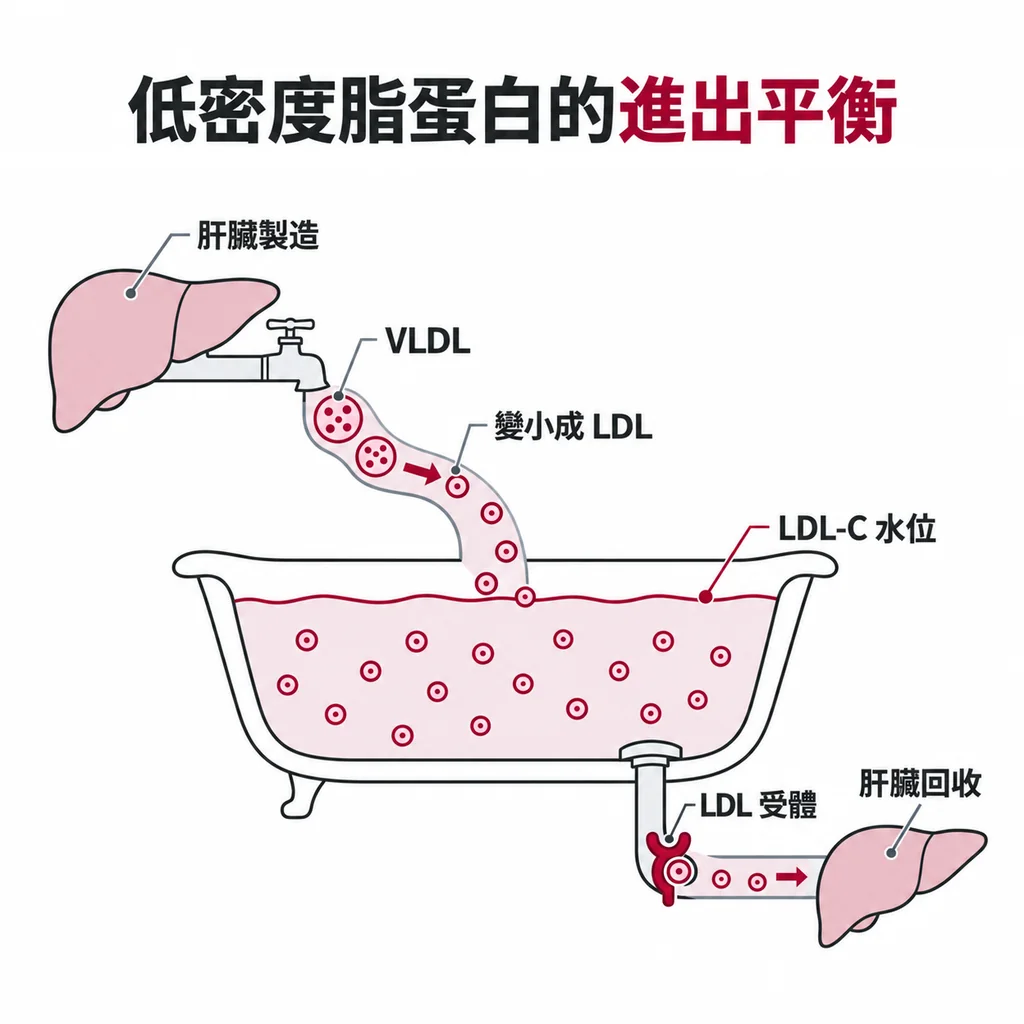 LDL 像浴缸的水位:水龍頭是肝臟製造,排水孔是肝臟回收