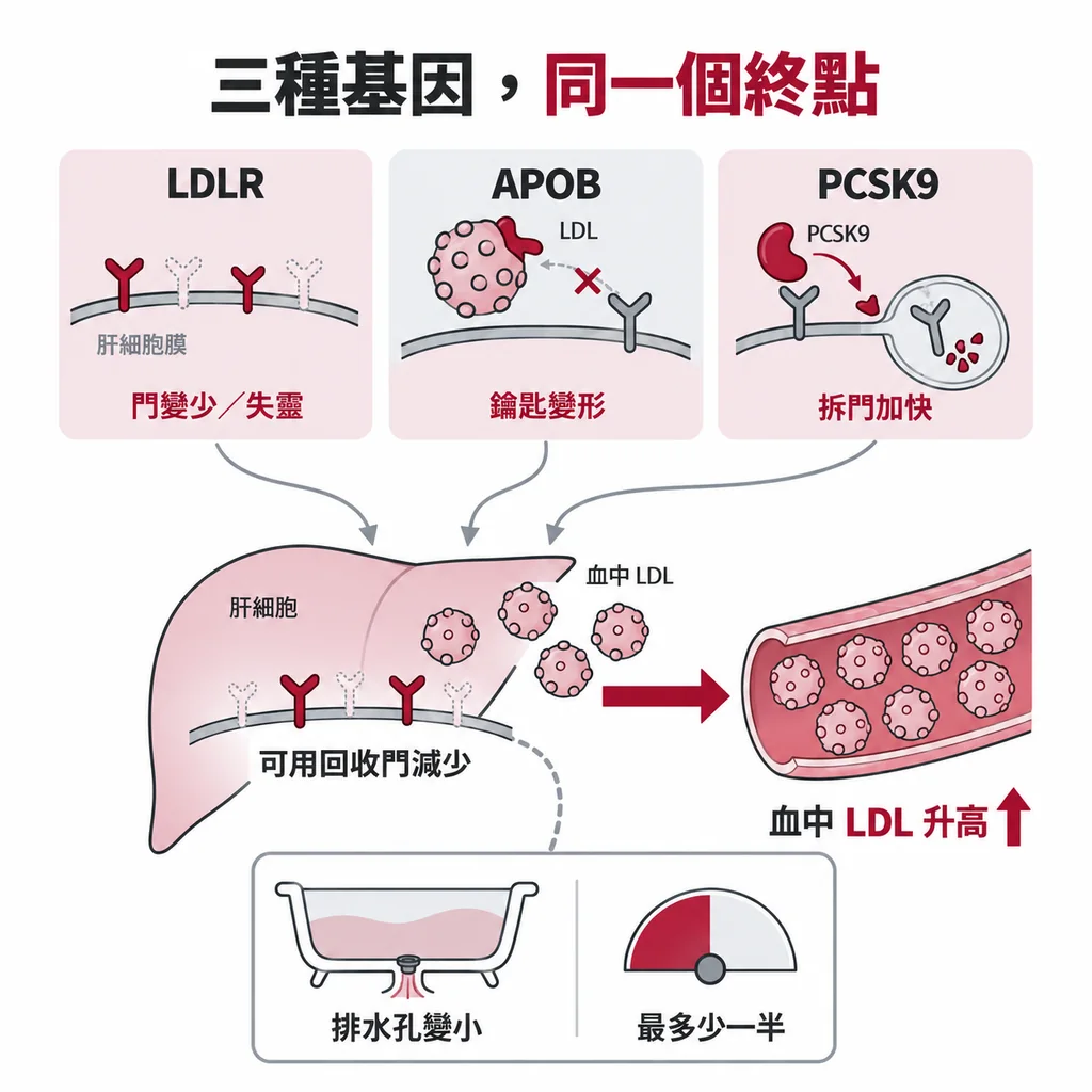 LDLR、APOB、PCSK9 基因問題讓肝臟表面能用的回收門變少