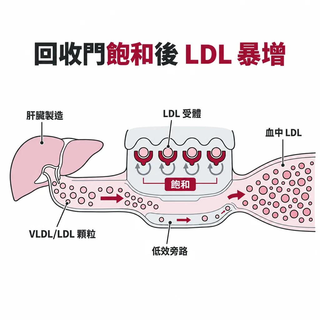 回收門有容量上限,飽和後多出來的 LDL 只能走效率很差的旁路