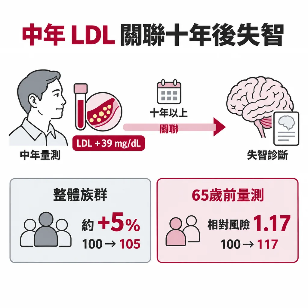 中年量到的 LDL,和十年以上後的失智診斷關聯最明顯