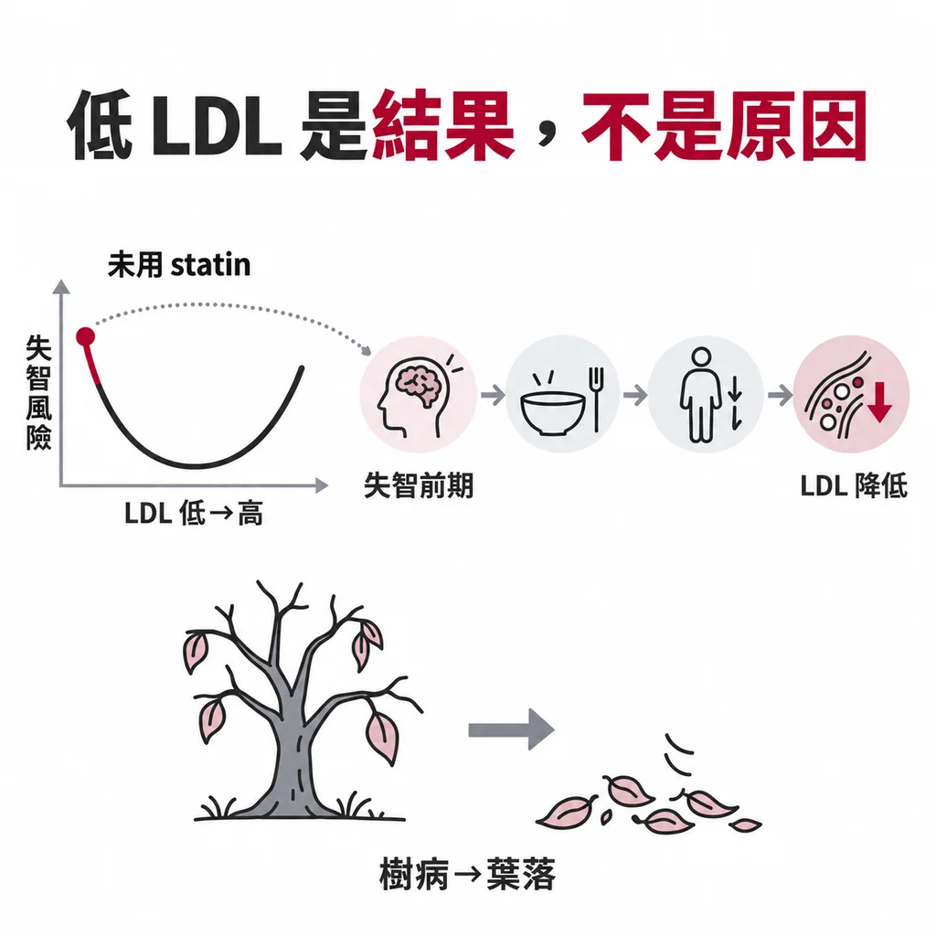 反向因果:身體先生病,LDL 才跟著變低,就像樹先生病葉子才掉