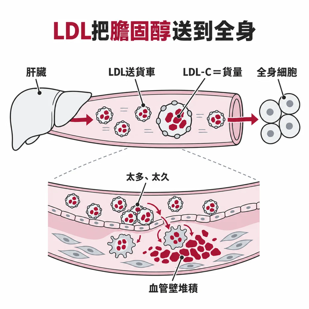 LDL 像送貨車,把膽固醇從肝臟運到全身細胞