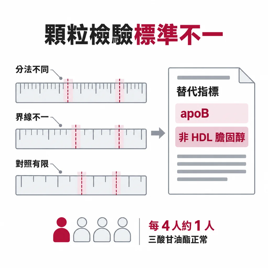 三把刻度互不相同的尺代表各實驗室標準不一,右側報告單上以主色標出 apoB 與非 HDL 膽固醇兩個替代指標