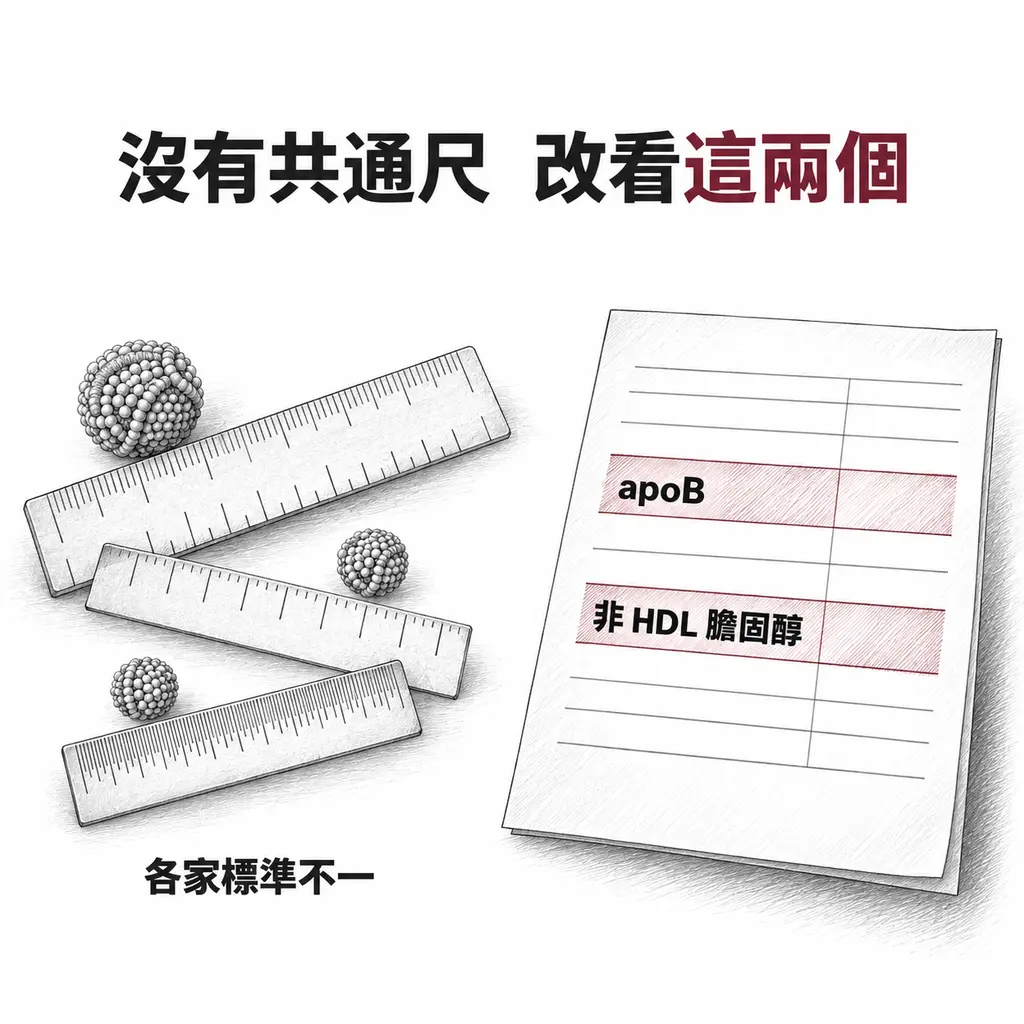三把刻度互不相同的尺代表各實驗室標準不一，右側報告單上以主色標出 apoB 與非 HDL 膽固醇兩個替代指標