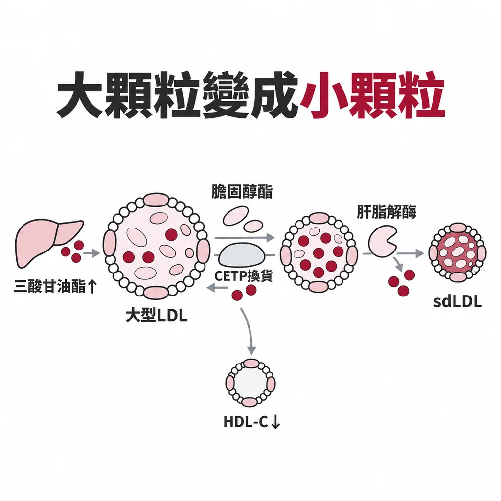 大而蓬鬆的脂蛋白顆粒經 CETP 交換貨物後核心被掏空,變成較小而緊實的顆粒