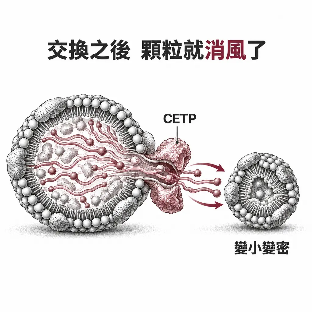 大而蓬鬆的脂蛋白顆粒經 CETP 交換貨物後核心被掏空，變成較小而緊實的顆粒