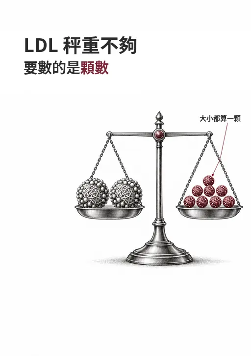 天平兩端等重：左盤兩顆大而蓬鬆的 LDL，右盤多顆小而緻密的 LDL，說明該數的是顆粒數