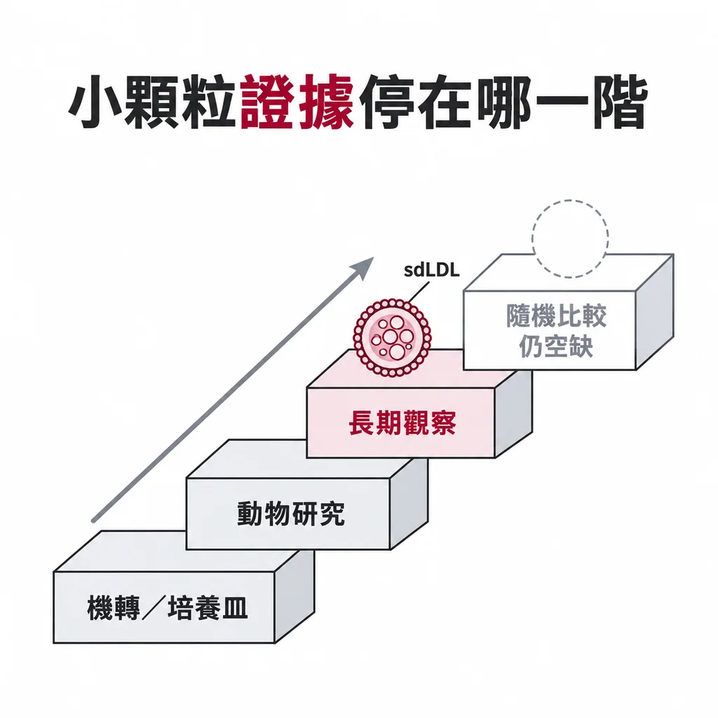 四階石梯代表證據強度,sdLDL 的顆粒停在第二高的長期觀察那一階,最高的隨機比較那一階仍空著