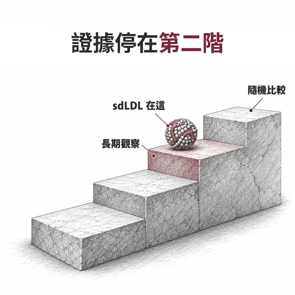 四階石梯代表證據強度，sdLDL 的顆粒停在第二高的長期觀察那一階，最高的隨機比較那一階仍空著