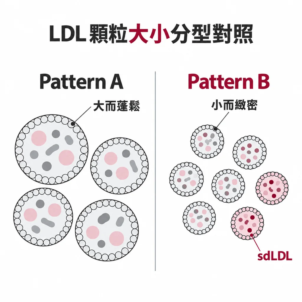 大而蓬鬆的 LDL 顆粒剖面與小而緻密的顆粒剖面並排對照,標示 Pattern A 與 Pattern B
