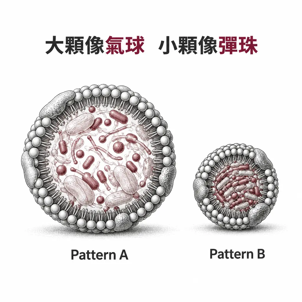 大而蓬鬆的 LDL 顆粒剖面與小而緻密的顆粒剖面並排對照，標示 Pattern A 與 Pattern B