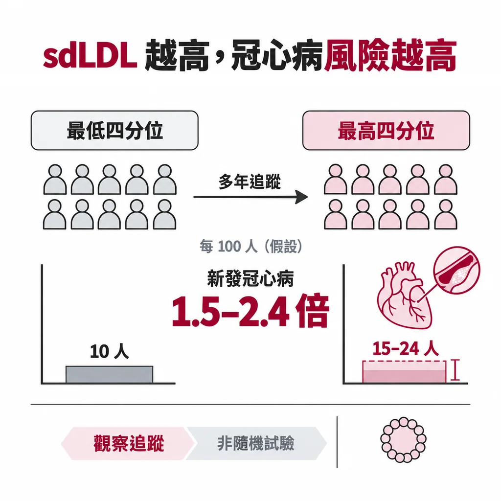 把人依 sdLDL 高低分成四等份,最高的四分之一新發生冠心病的機會是最低那群的 1.5 到 2.4 倍