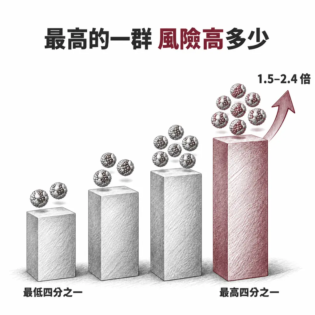 把人依 sdLDL 高低分成四等份，最高的四分之一新發生冠心病的機會是最低那群的 1.5 到 2.4 倍