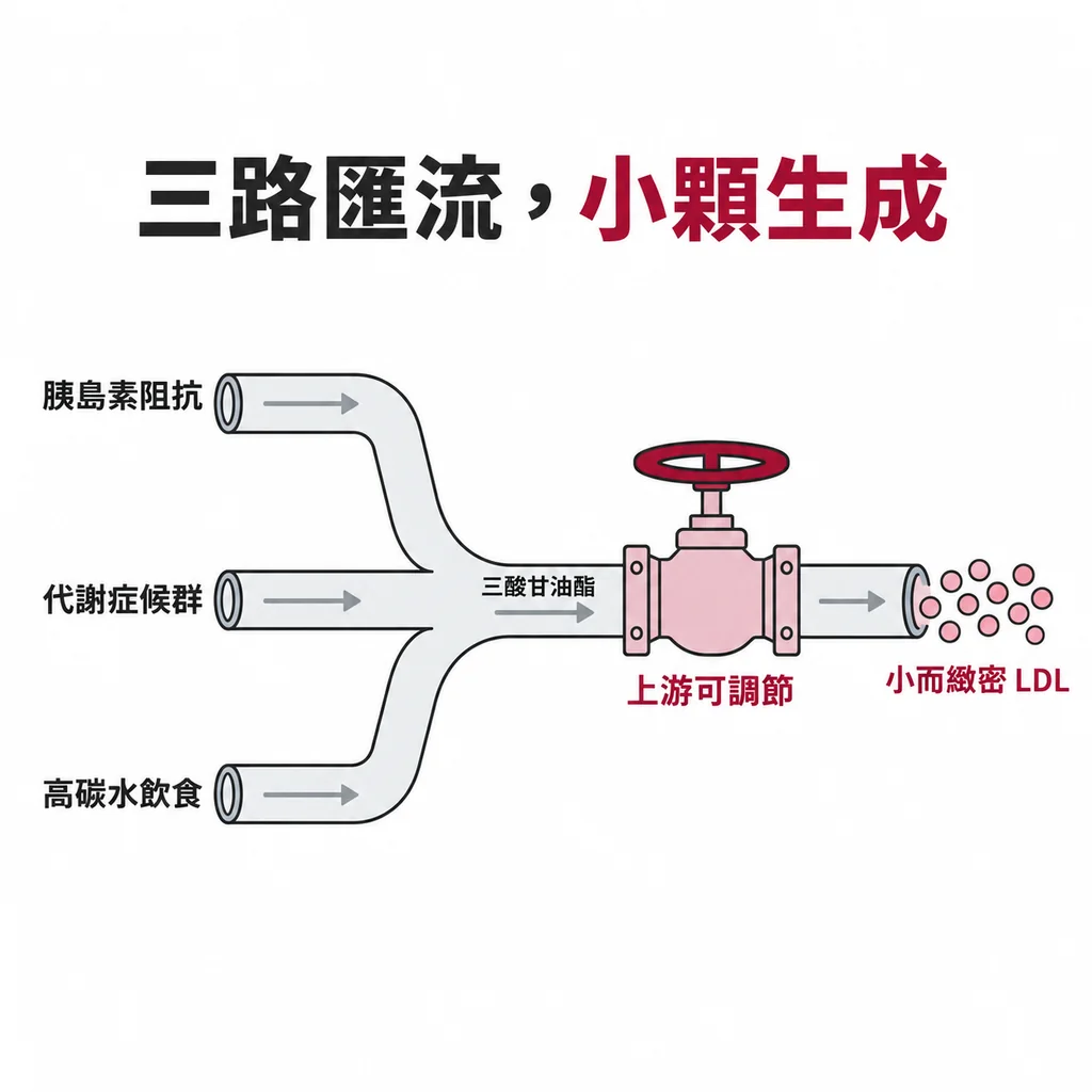 胰島素阻抗、代謝症候群、高碳水飲食三條管線匯流後通過一個可調節的閥門,下游流出小而緻密的顆粒
