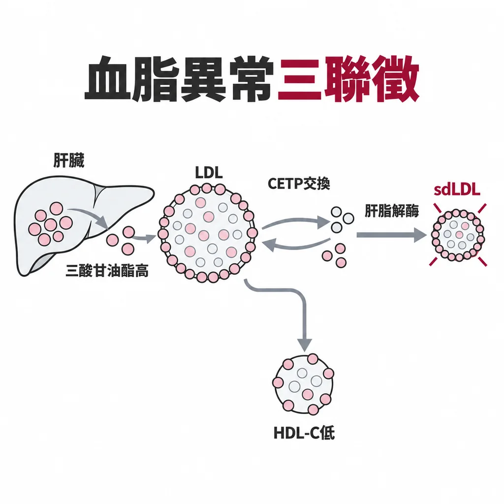 肝臟過度製造三酸甘油酯後分岔成三件事:三酸甘油酯高、HDL 低、LDL 以小顆粒為主