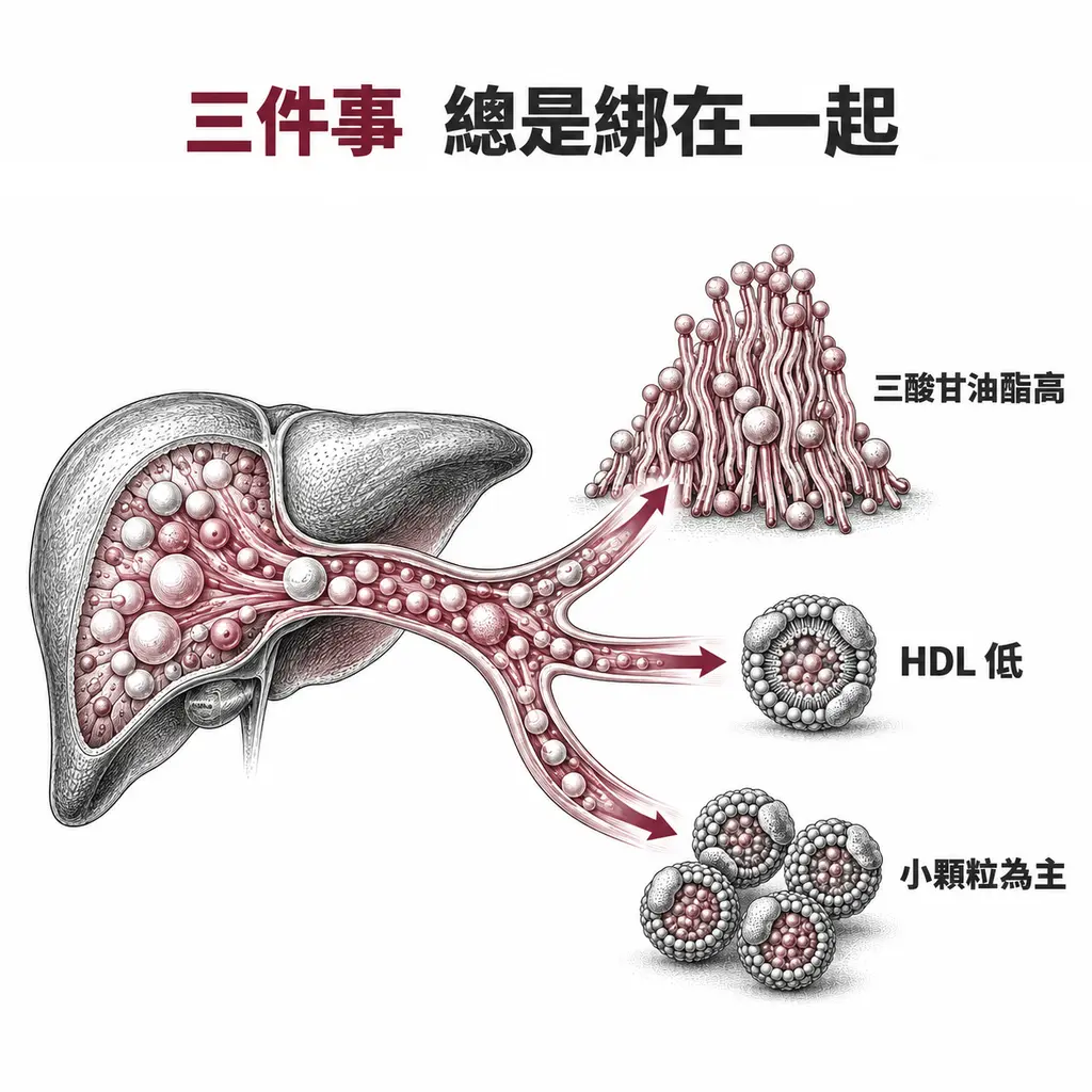 肝臟過度製造三酸甘油酯後分岔成三件事：三酸甘油酯高、HDL 低、LDL 以小顆粒為主