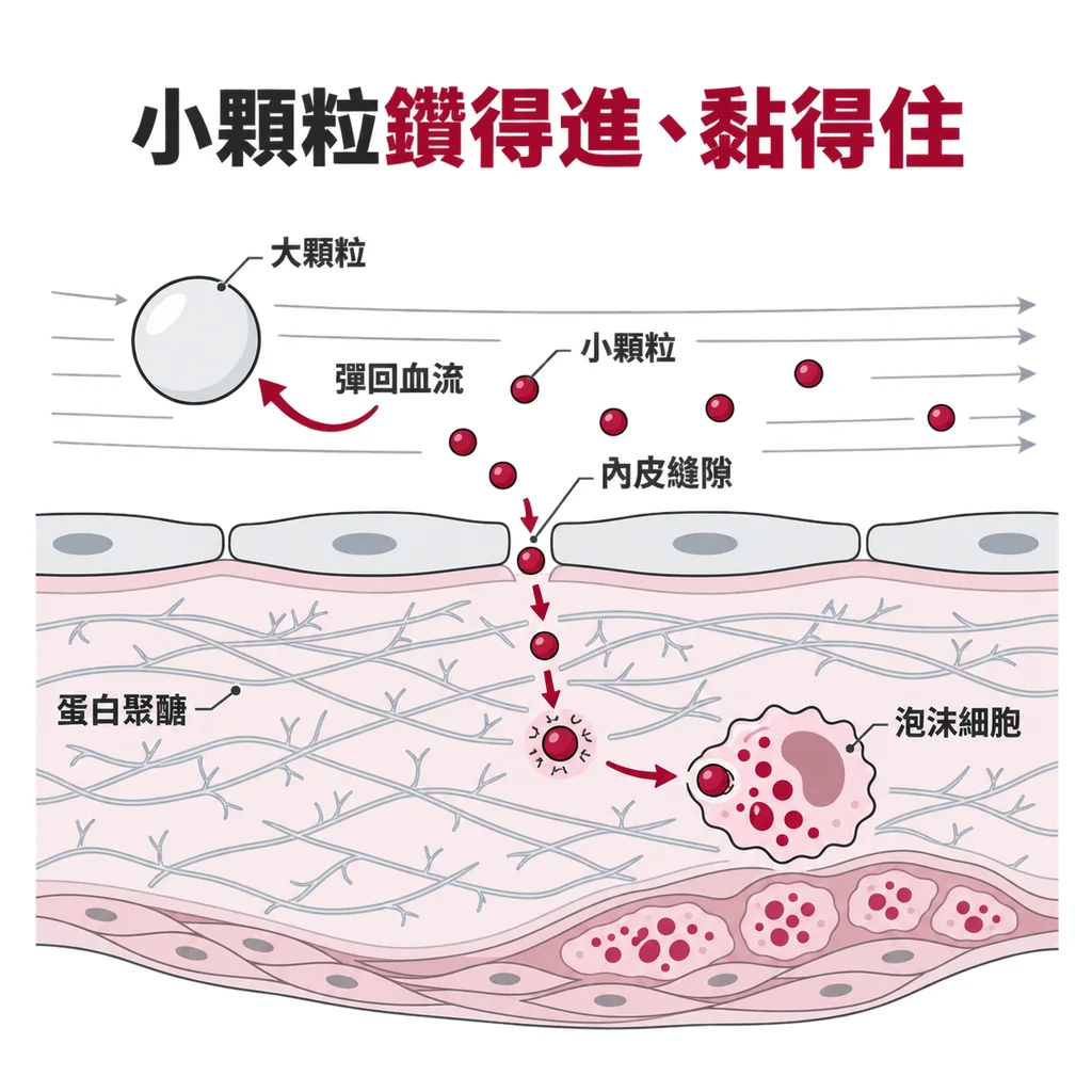 血管內壁橫切面:大顆粒撞上內壁後彈回血流,小顆粒穿過內皮縫隙被下方的纖維網黏住