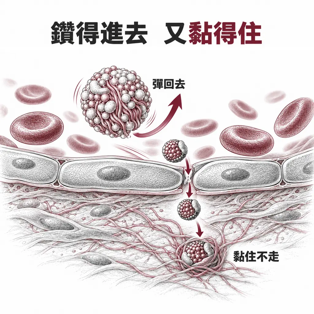 血管內壁橫切面：大顆粒撞上內壁後彈回血流，小顆粒穿過內皮縫隙被下方的纖維網黏住