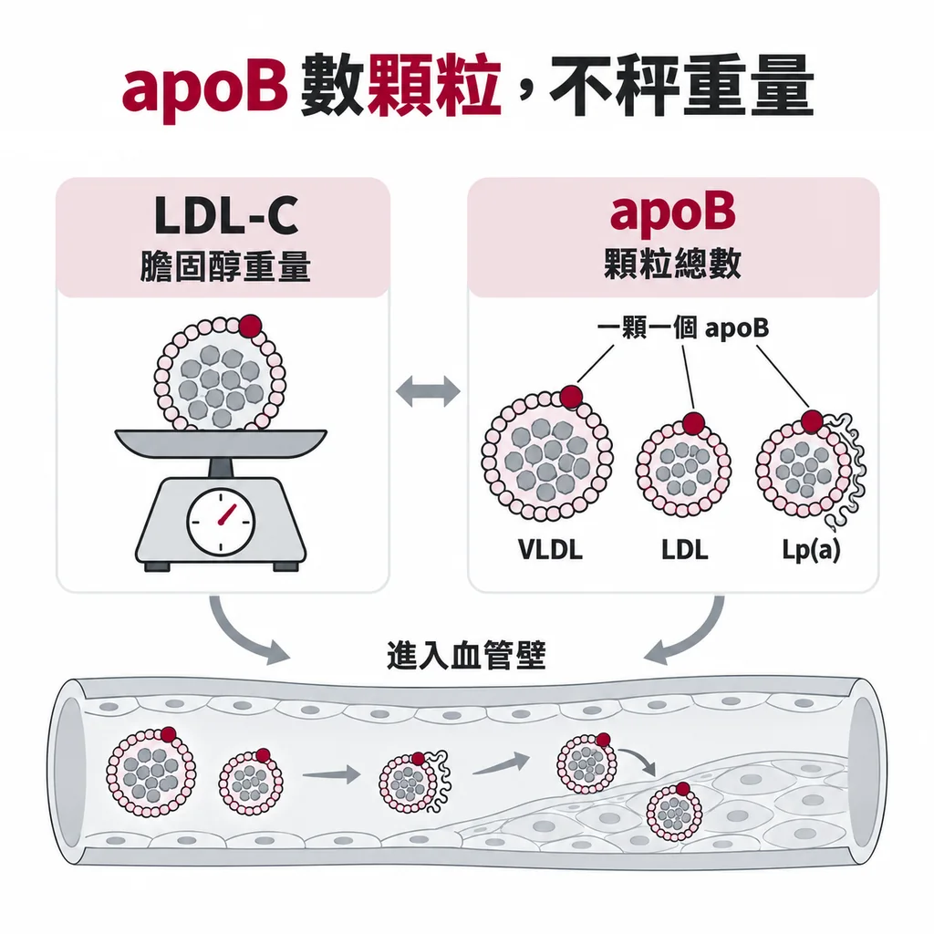 LDL-C 秤的是箱子裡的膽固醇有多重，apoB 數的是箱子有幾個，每顆致動脈硬化顆粒剛好掛一個 apoB