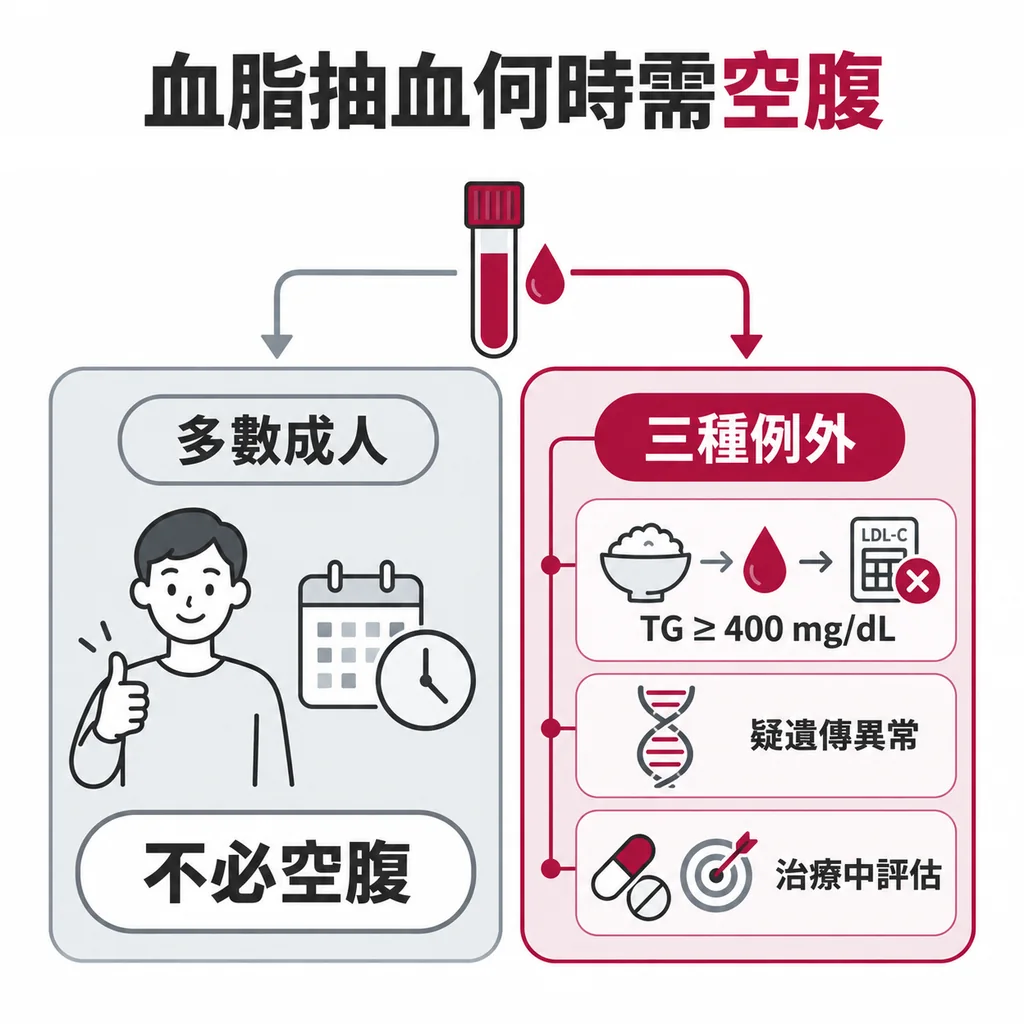 多數成人驗血脂不必空腹，只有三酸甘油酯達 400 mg/dL 以上、懷疑遺傳或治療中評估時才需空腹
