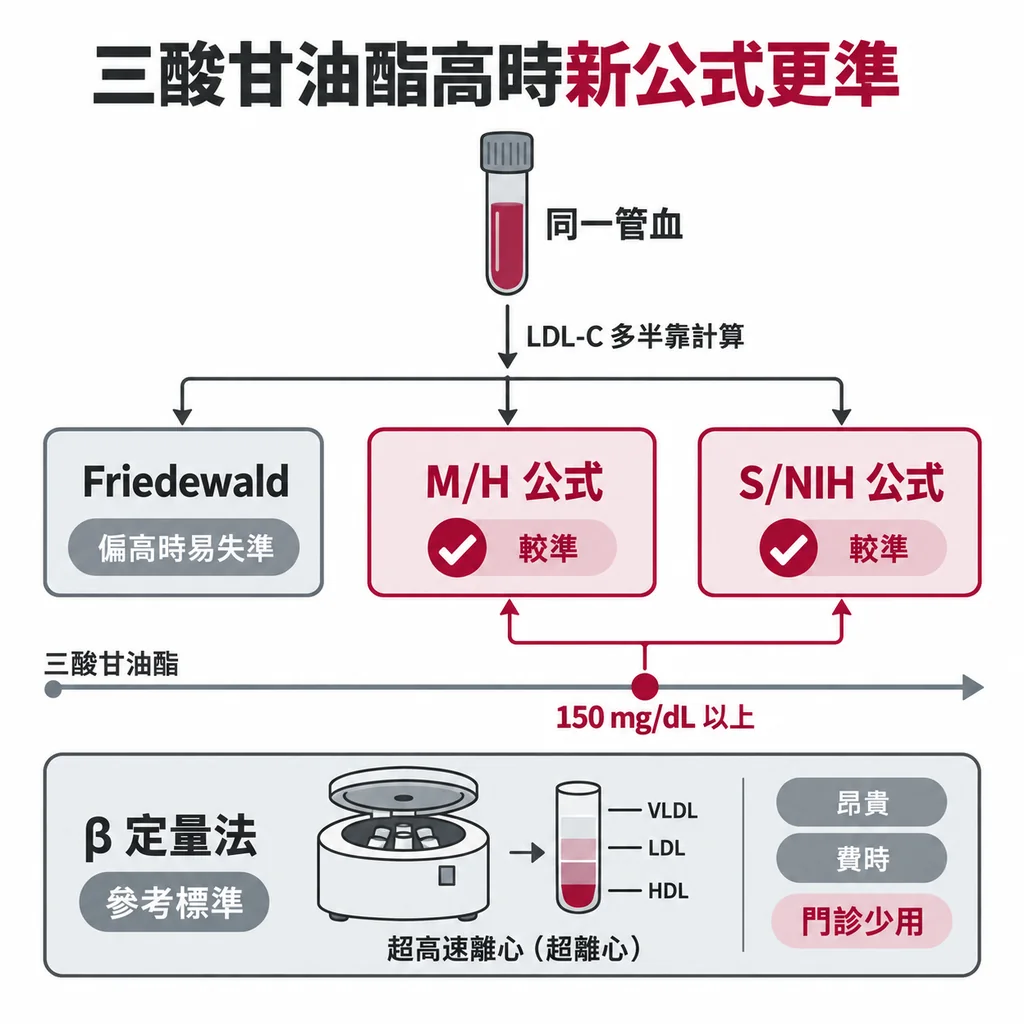 LDL-C 多半靠公式算出；三酸甘油酯在 150 mg/dL 以上時，Martin/Hopkins 與 Sampson/NIH 新公式比 Friedewald 準