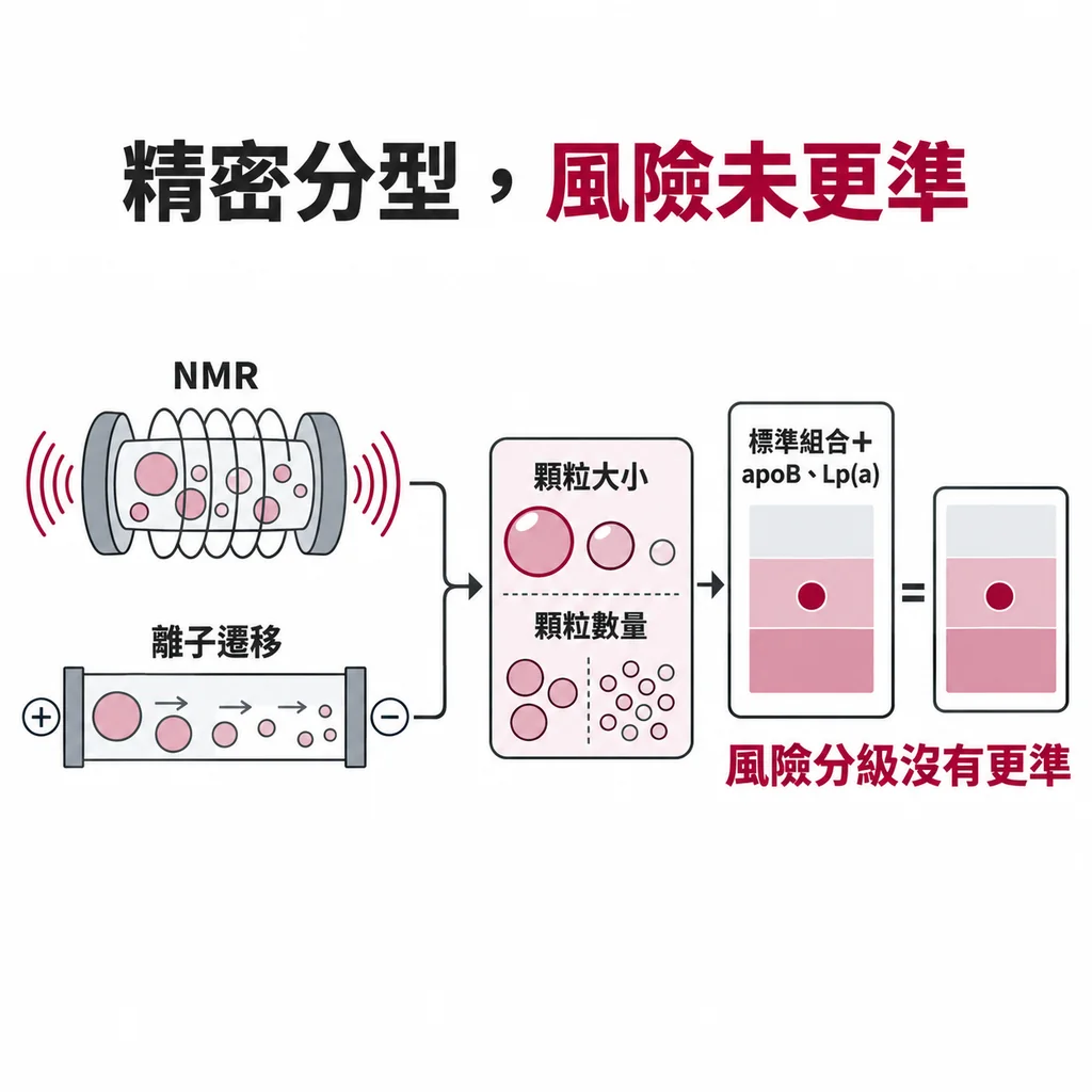 NMR 與離子遷移能分出顆粒大小與數量，但在標準組合加上 apoB、Lp(a) 之後，風險分級並沒有更準