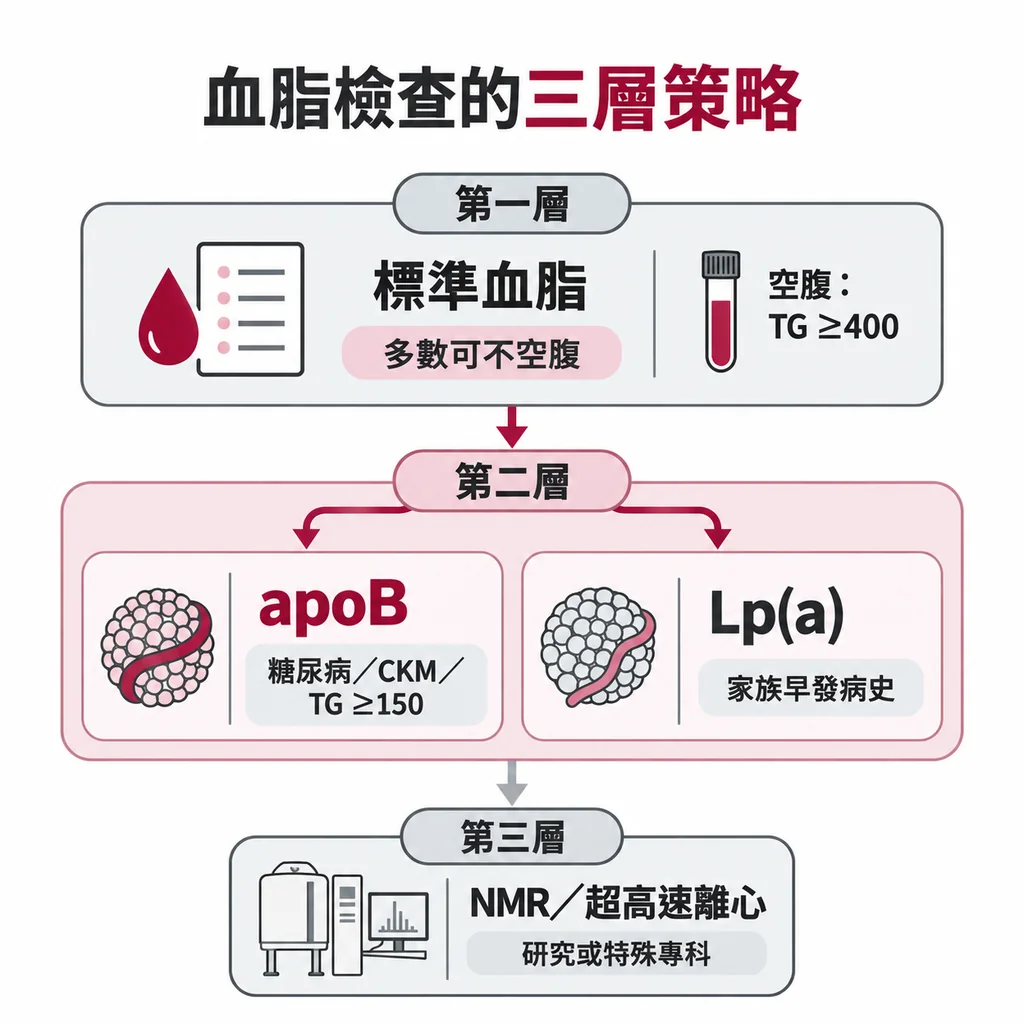 血脂檢查分三層：一般人做標準組合，糖尿病或三酸甘油酯偏高加 apoB，家族早發病史再驗 Lp(a)