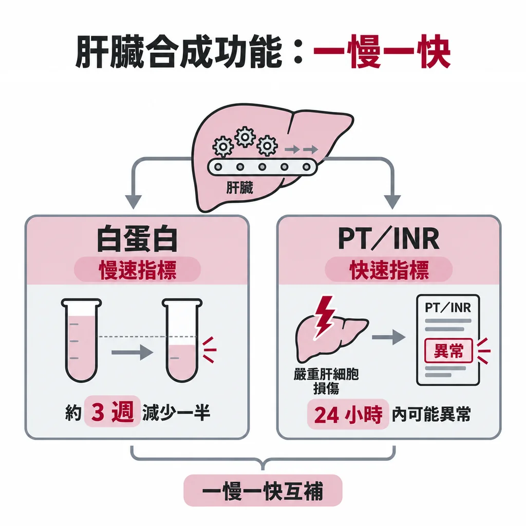 白蛋白約 3 週才減少一半，反映較久的狀況；PT/INR 在肝細胞嚴重受傷 24 小時內就可能異常，一慢一快互補