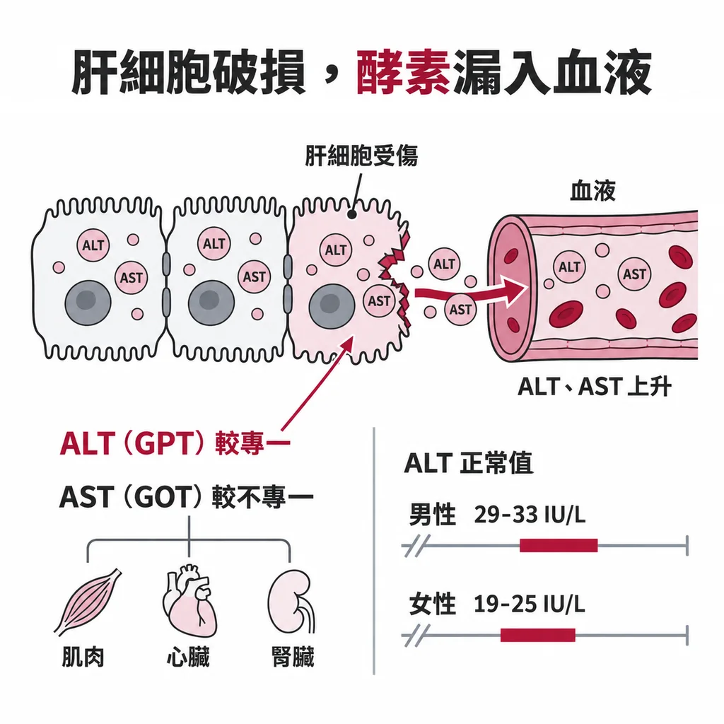 肝細胞破掉時 ALT 與 AST 漏進血液；ALT 較專一，正常值男性約 29 到 33、女性約 19 到 25 IU/L