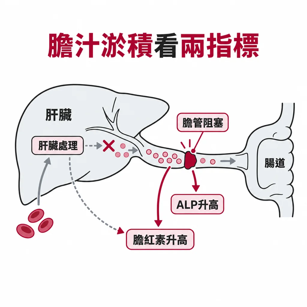 膽汁經膽管排到腸子，膽管塞住時 ALP 升高；肝細胞處理不好或膽汁排不出去，膽紅素也會跟著上升