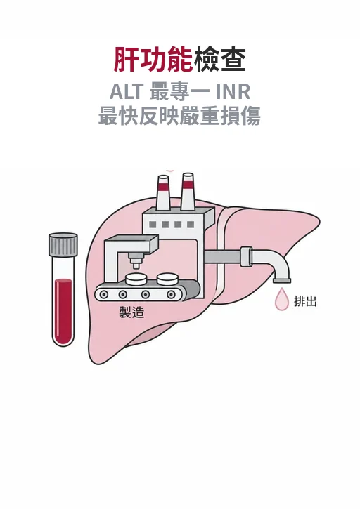 肝功能檢查分三層：GPT 與 GOT 看細胞受傷，白蛋白與凝血看肝還能不能工作，FIB-4 到彈性掃描看纖維化